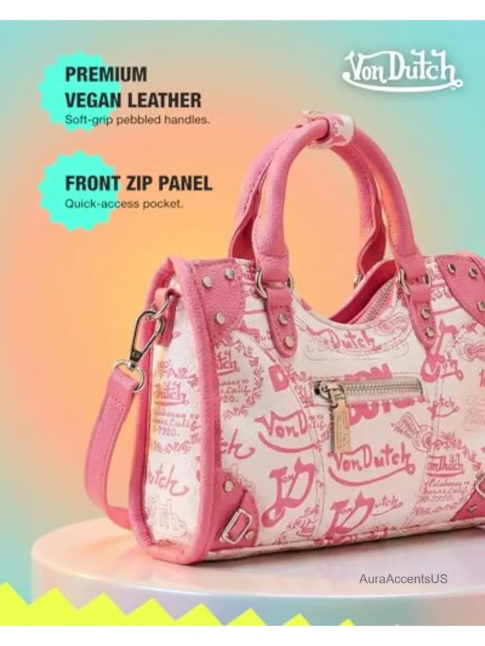 Vegan Leather Satchel Handbag with Top Handle & Crossbody Strap